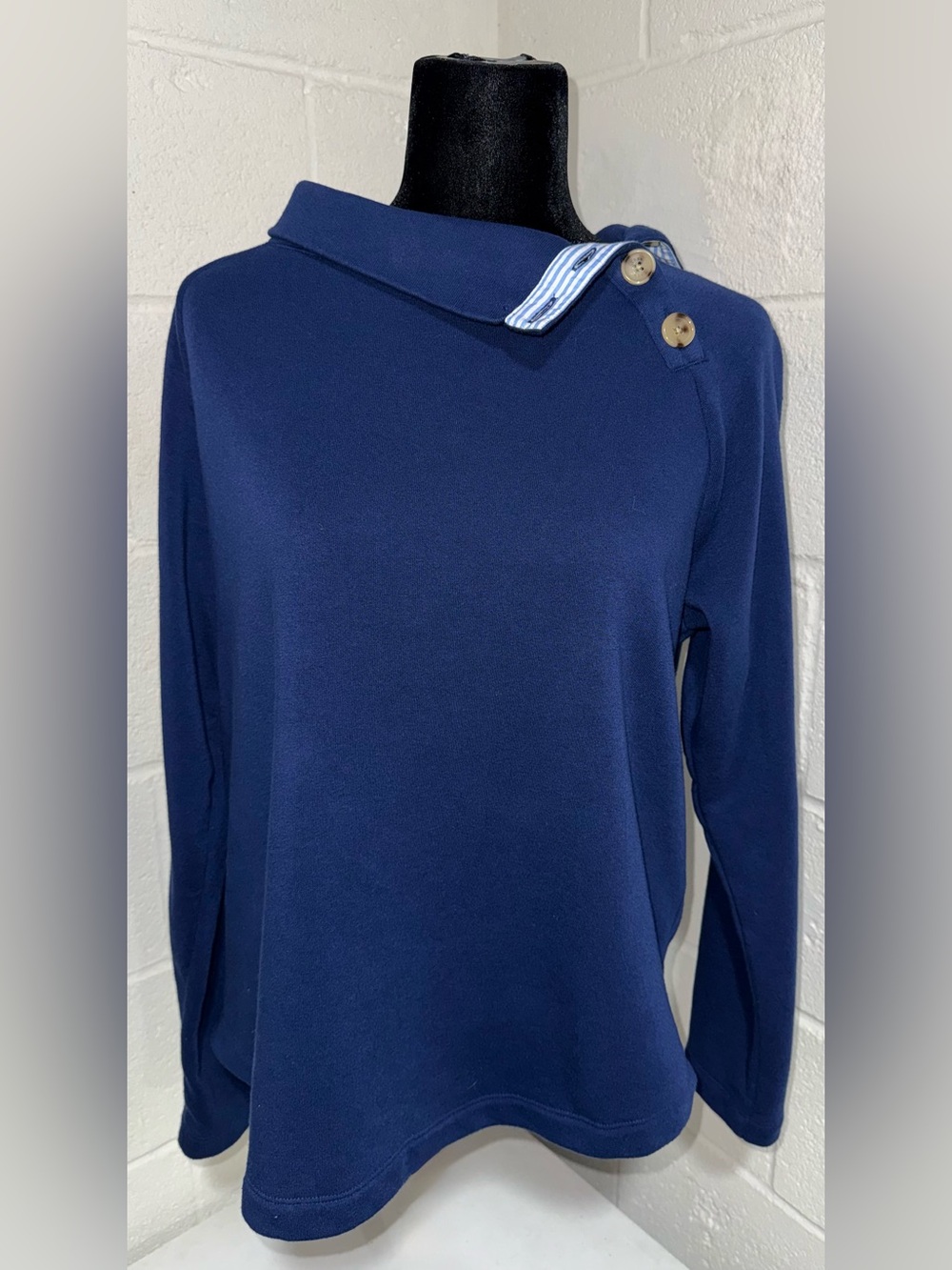 J.Crew Navy Button Collar Pullover Sweatshirt Striped Accent L